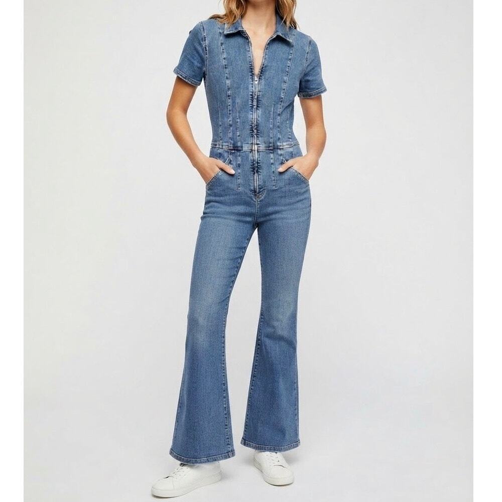 FP We The Free Jayde Flare Denim Jumpsuit Blue Zip Front Retro Romper Size L
